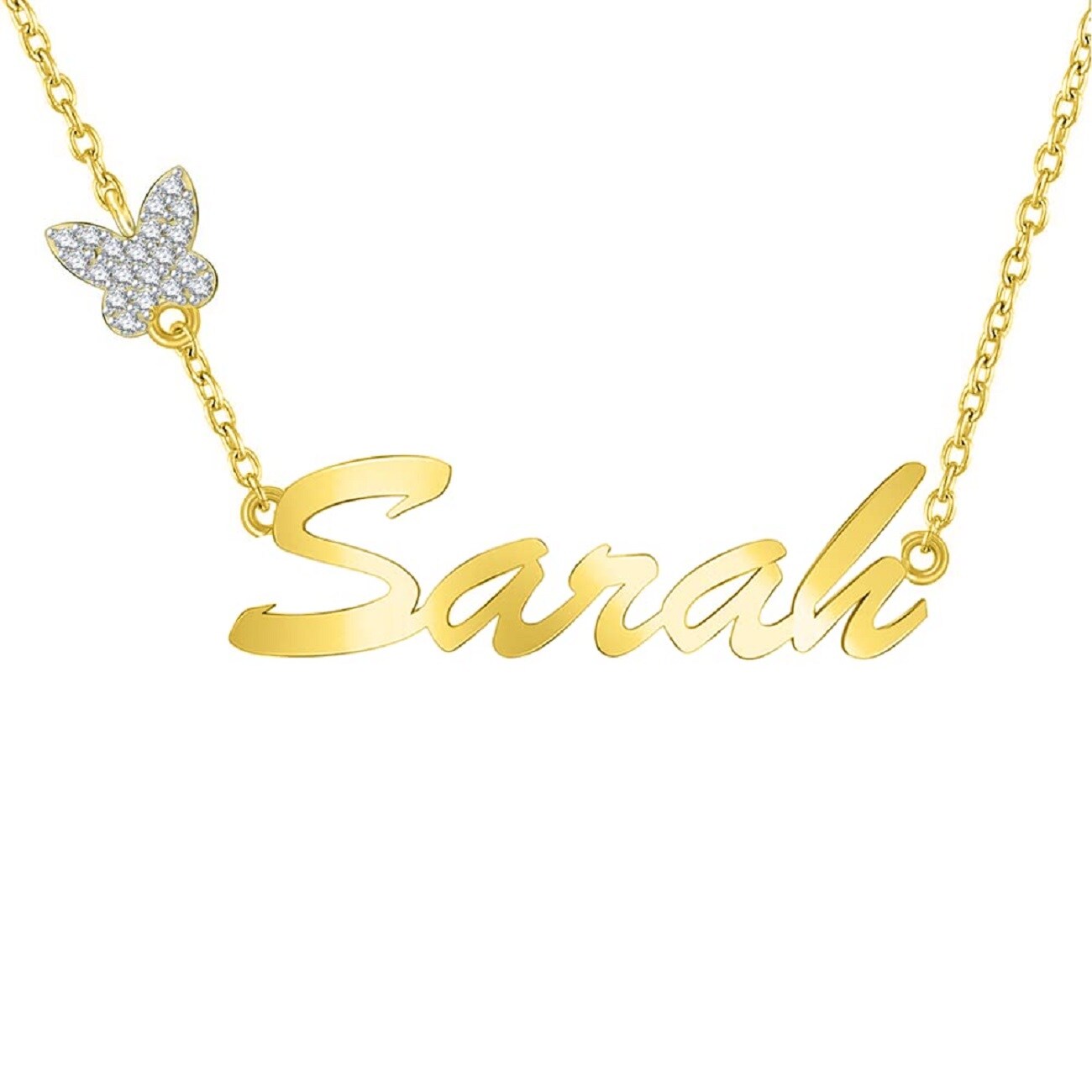 10K Gold Circular Shaped Zircon & Personalized Classic Name Butterfly Pendant Necklace
