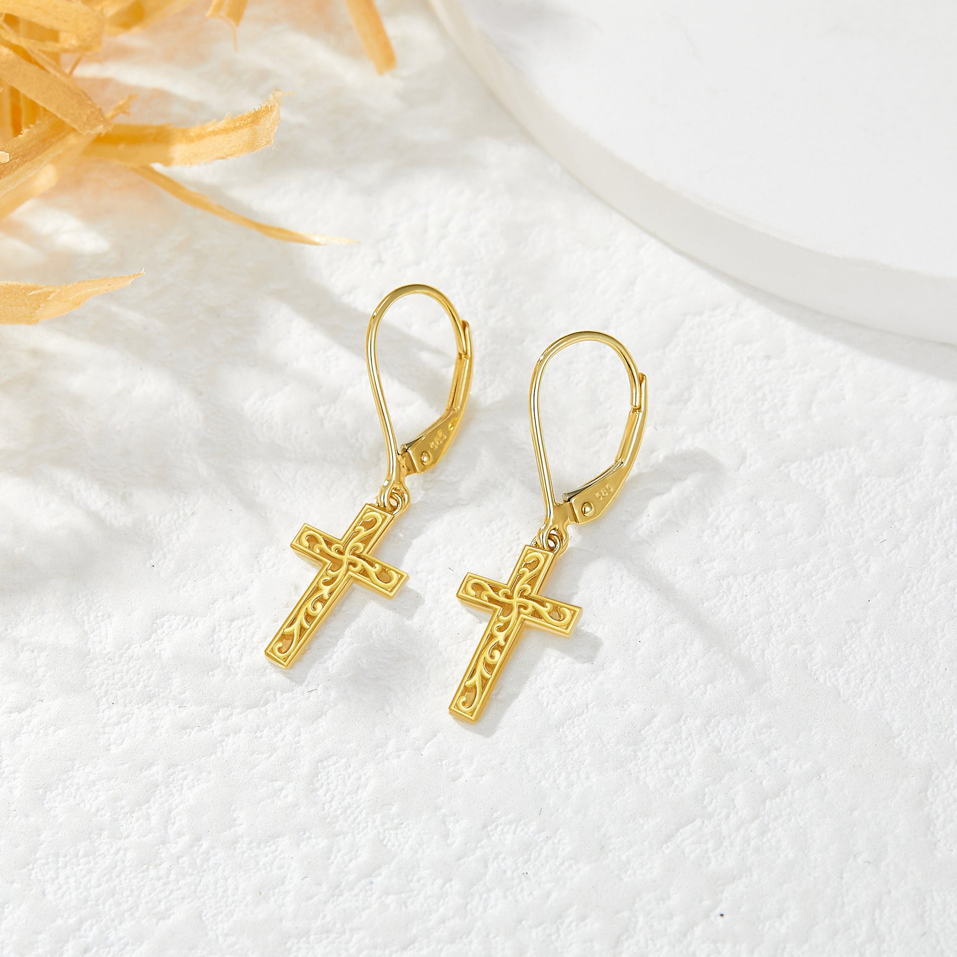 14K Gold Cross Drop Earrings
