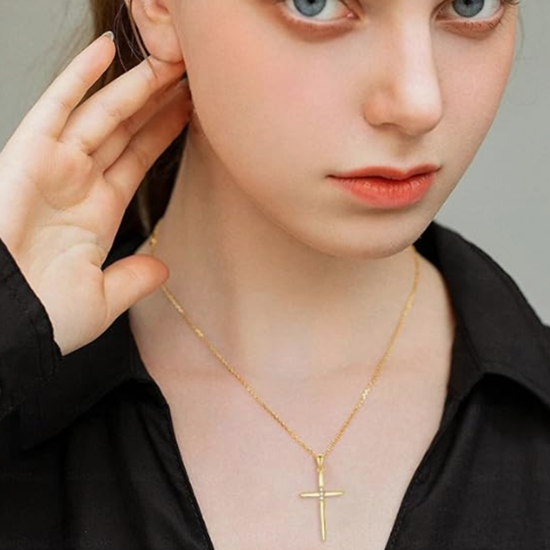 Gold Vermeil Cubic Zirconia Cross Necklace for Women Men