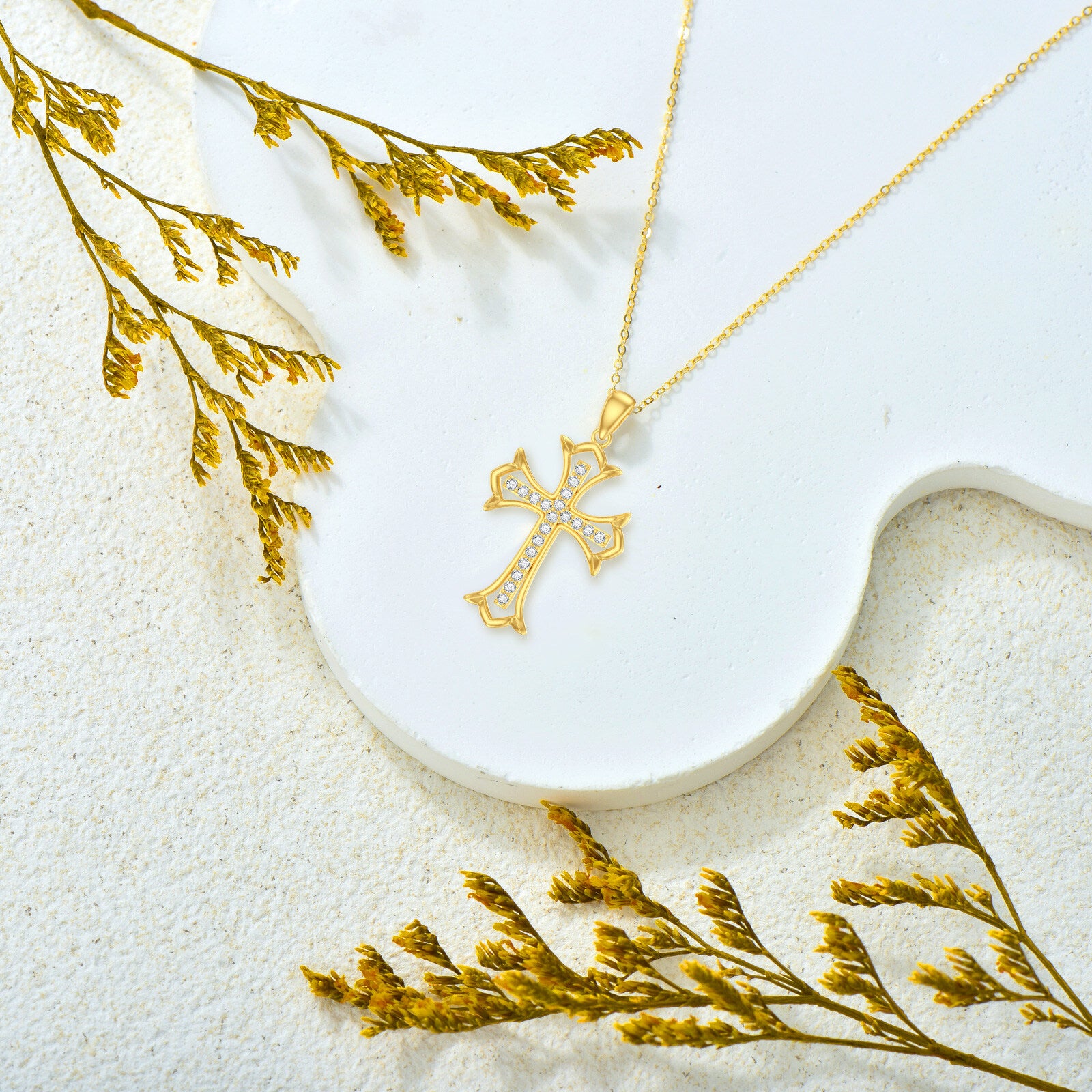 10K Gold Cubic Zirconia Cross Pendant Necklace
