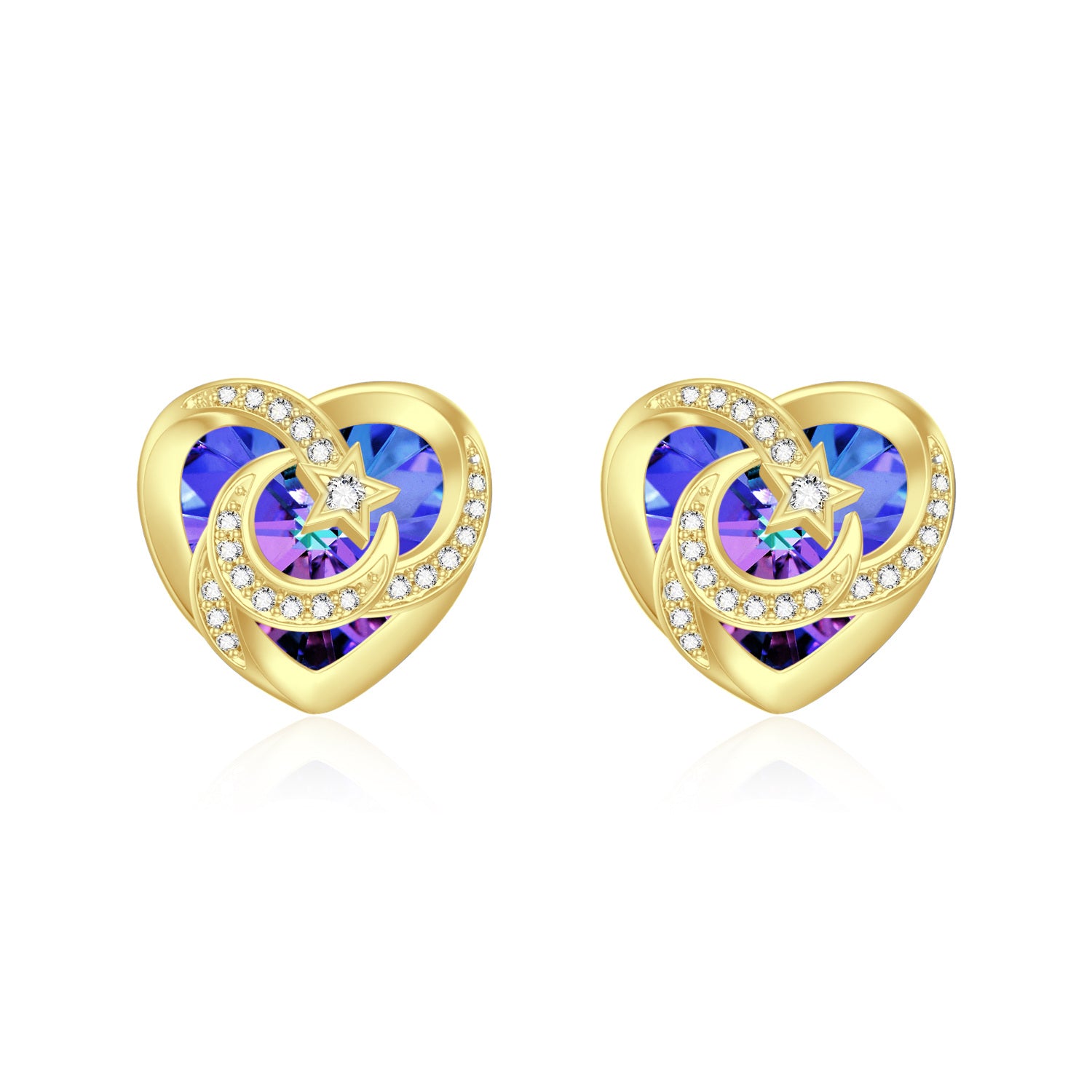 14K Gold Crystal Heart & Moon & Star Stud Earrings for Women