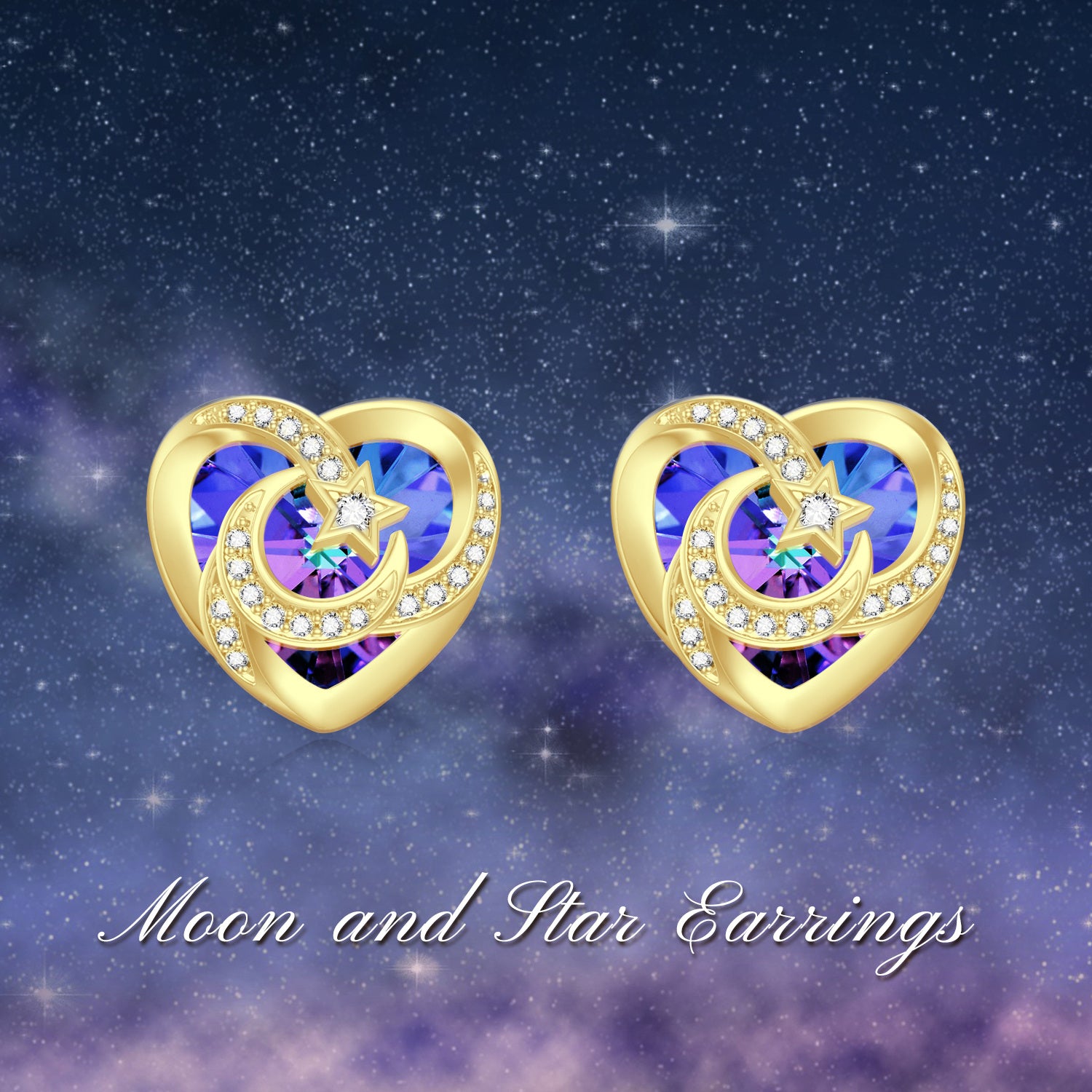 14K Gold Crystal Heart & Moon & Star Stud Earrings for Women