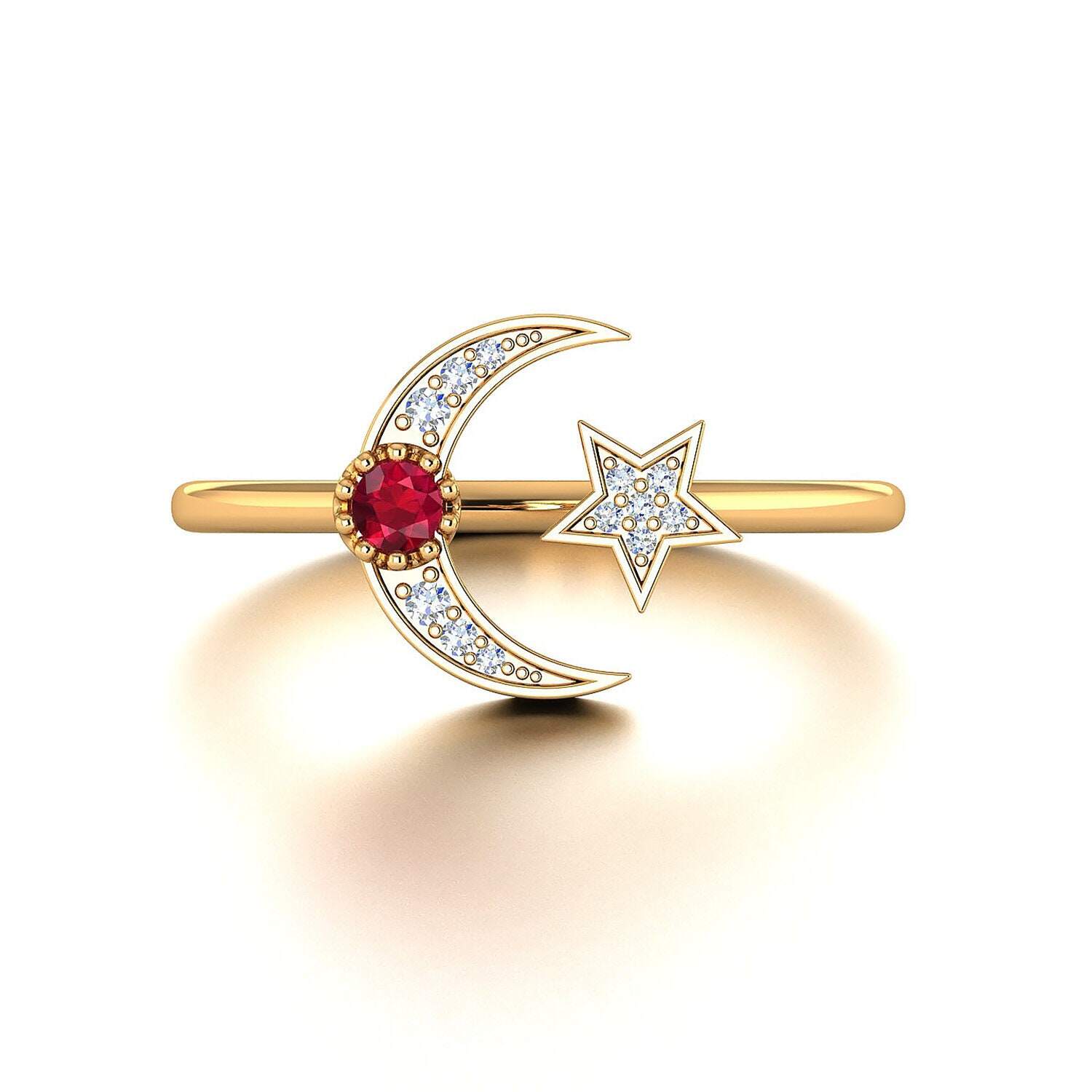 Gold Vermeil Crystal Moon Star Ring for Women