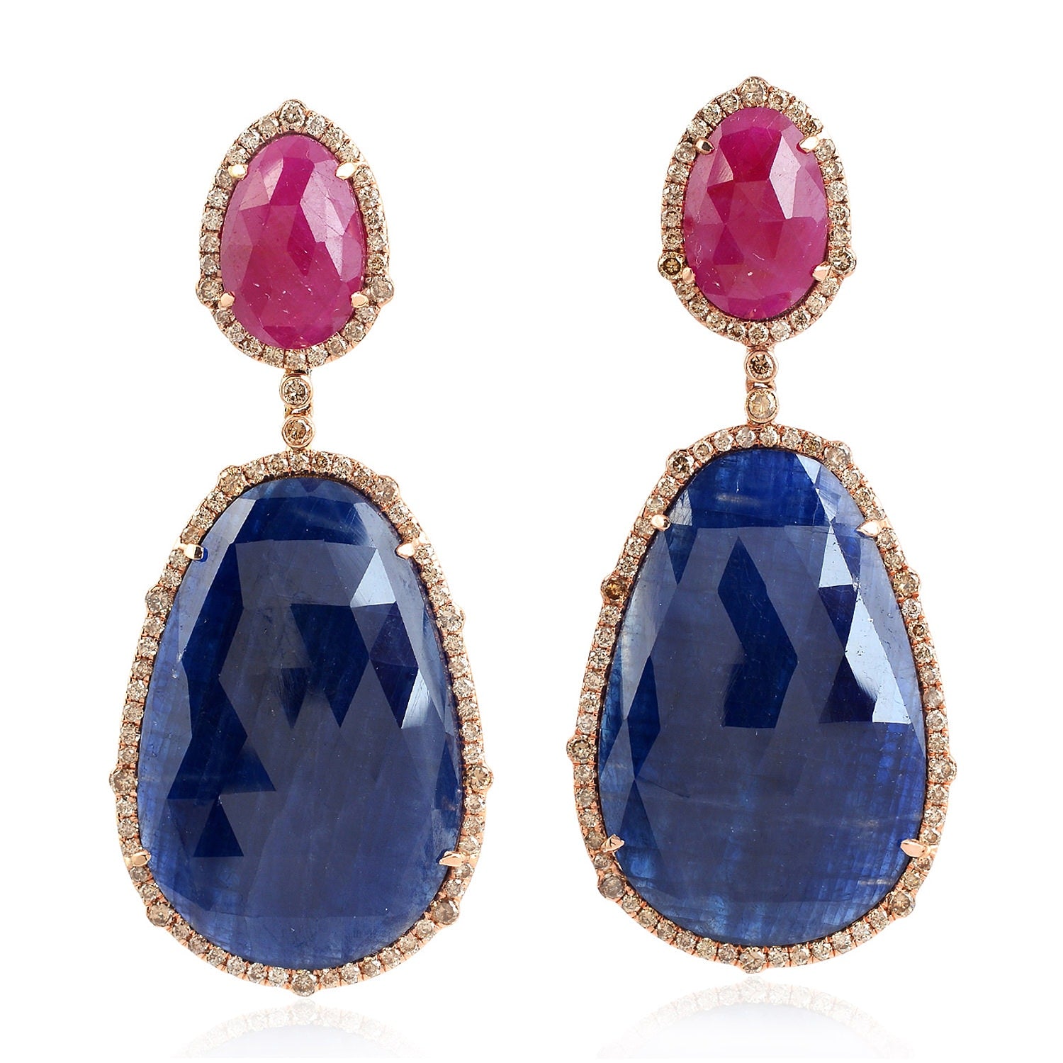 Natural Blue Sapphire & Ruby Pave Diamond Dangle Earrings In Rose Gold