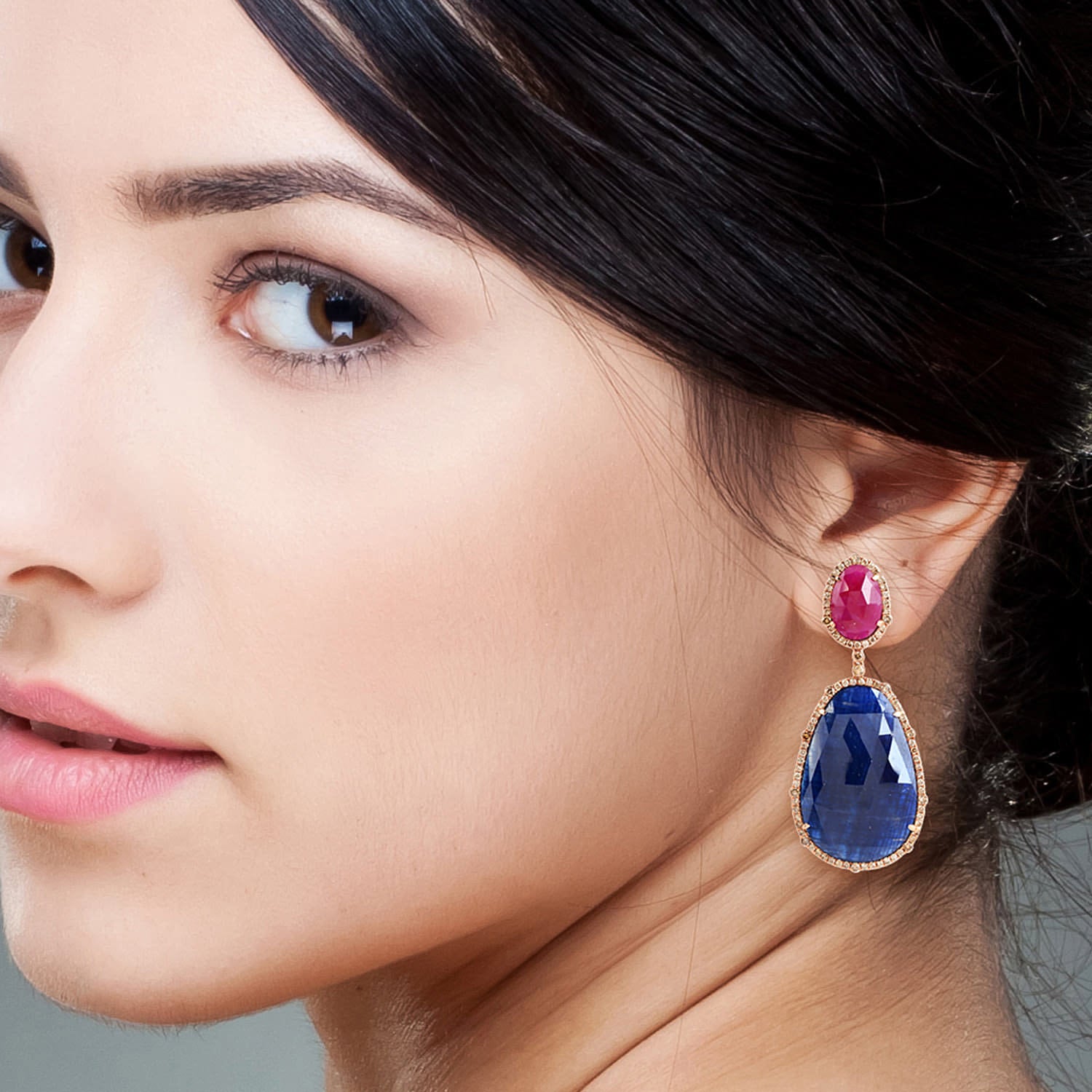 Natural Blue Sapphire & Ruby Pave Diamond Dangle Earrings In Rose Gold