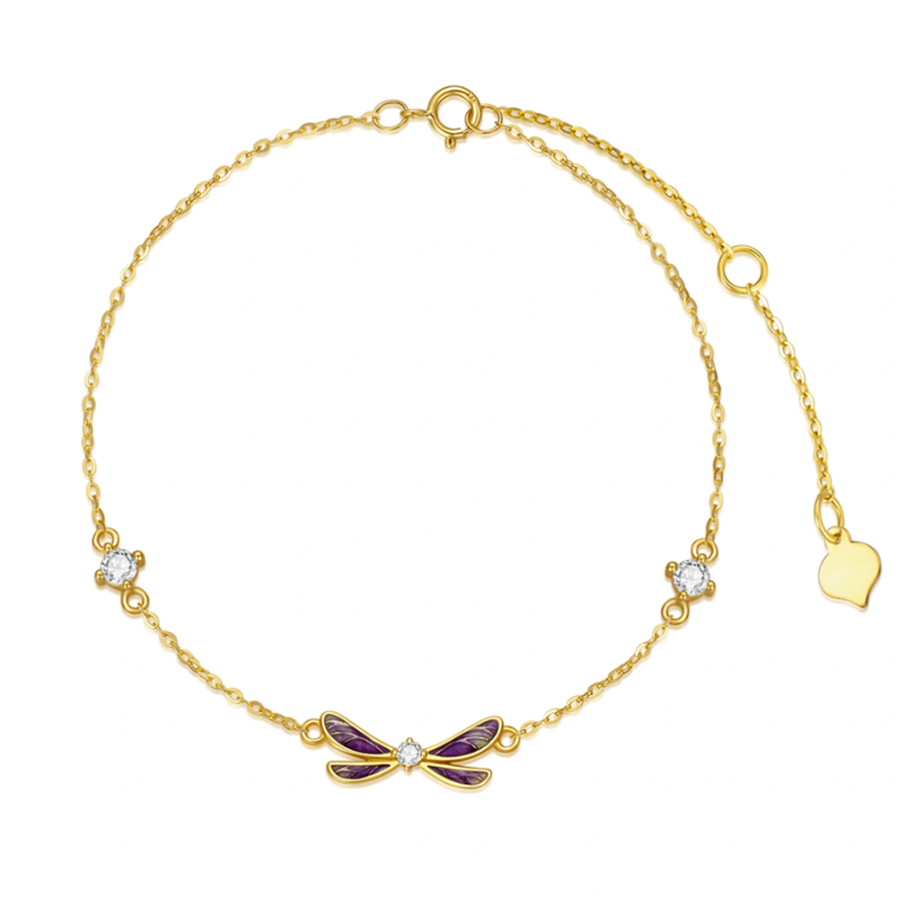 14K Gold Cubic Zirconia Dragonfly Charm Bracelet