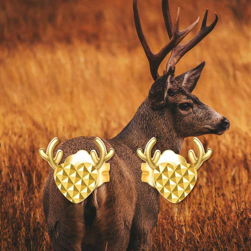 18K Gold Elk & Heart Stud Earrings