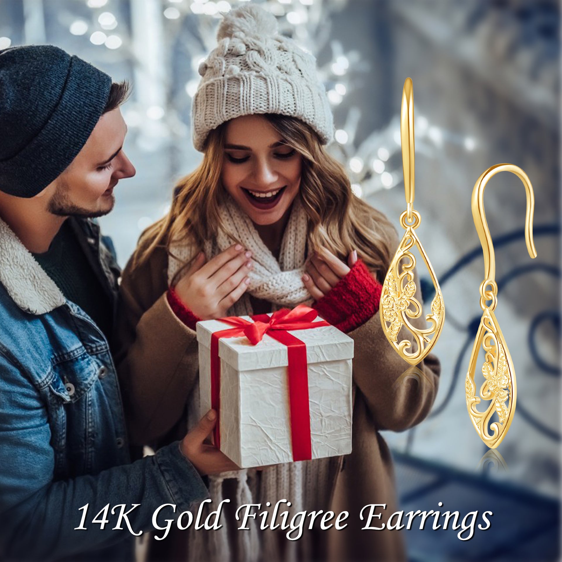 14K Gold Filigree Drop Earrings
