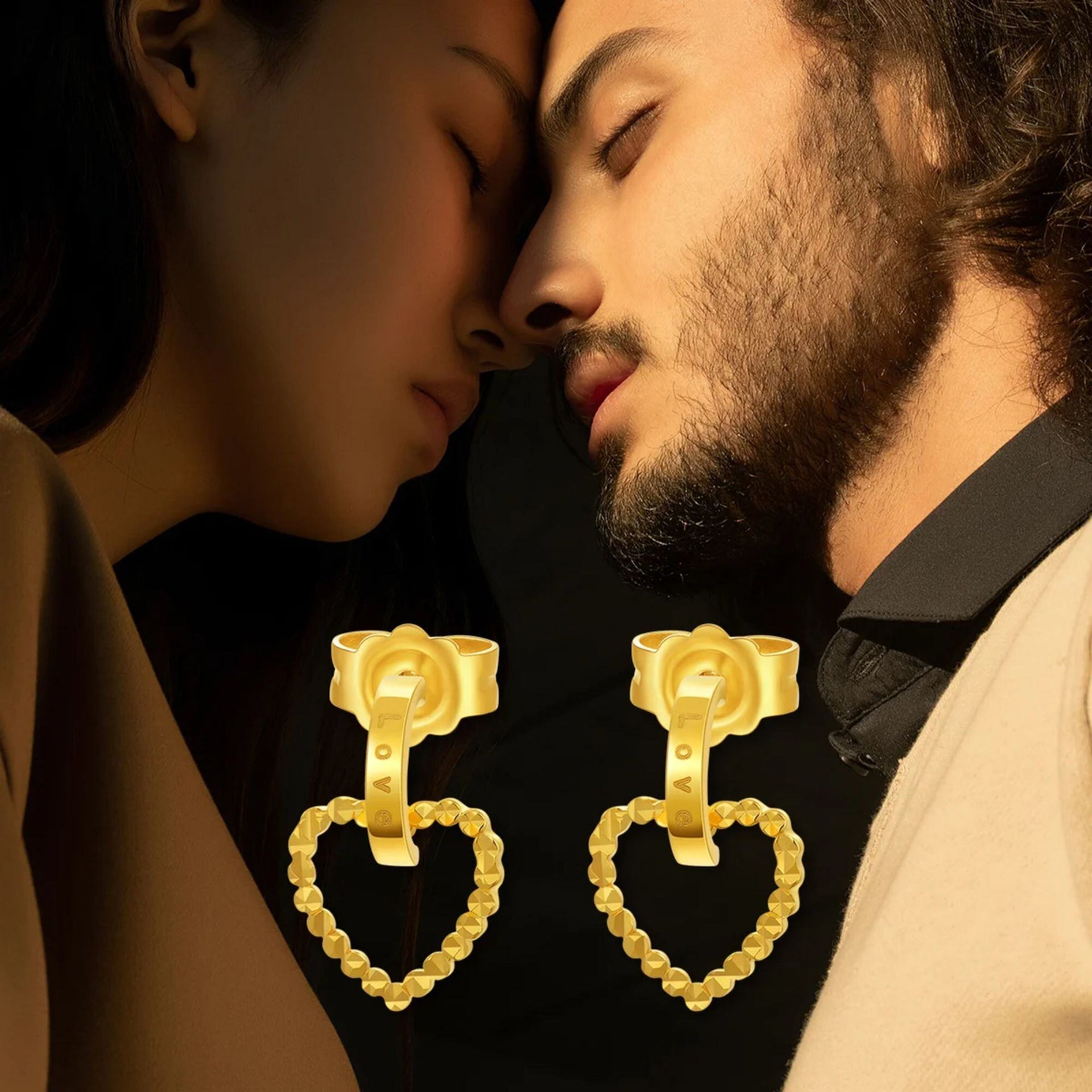 18K Gold Heart Drop Earrings with Engraved Word