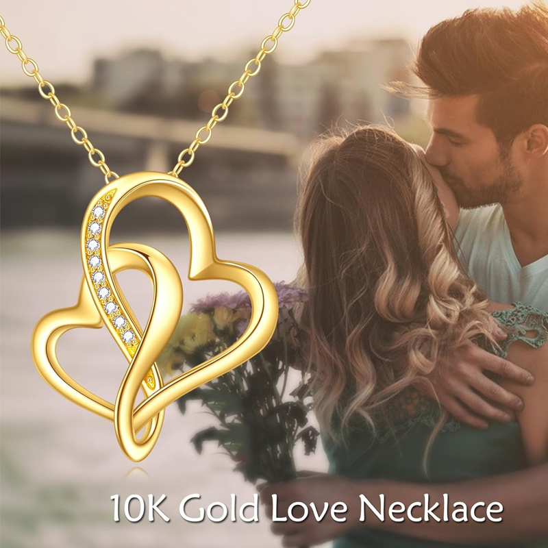 Gold Vermeil Cubic Zirconia Heart With Heart Necklace for Women