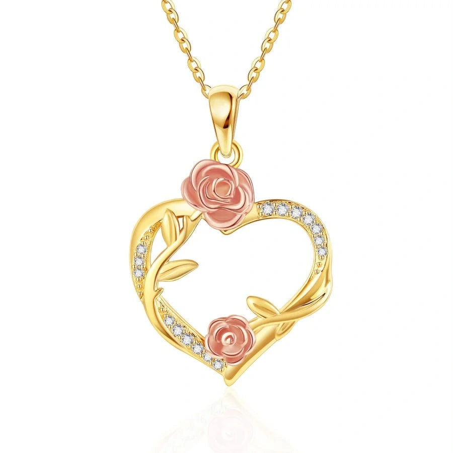 Sterling Silver Two-tone Cubic Zirconia Rose Heart Necklace for Women