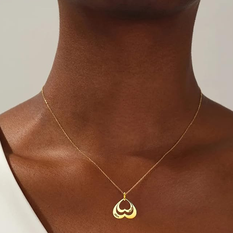 Gold Vermeil Heart With Heart Personalized Name Plated Necklace for Women