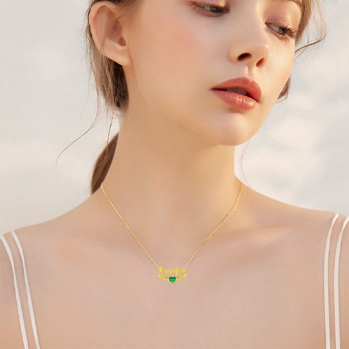10K Gold Heart Zircon Personalized Birthstone Name Pendant Necklace For Best Friend