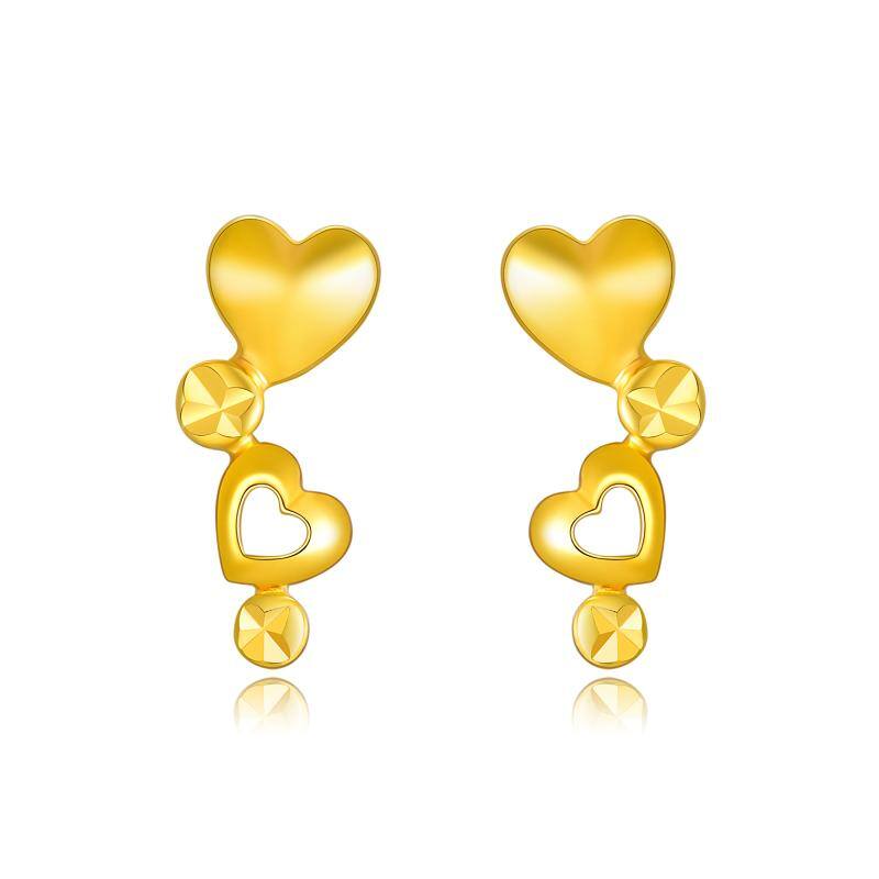 18K Yellow Gold Heart With Heart Stud Earrings For Women