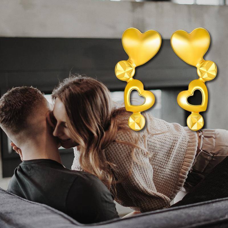 18K Yellow Gold Heart With Heart Stud Earrings For Women