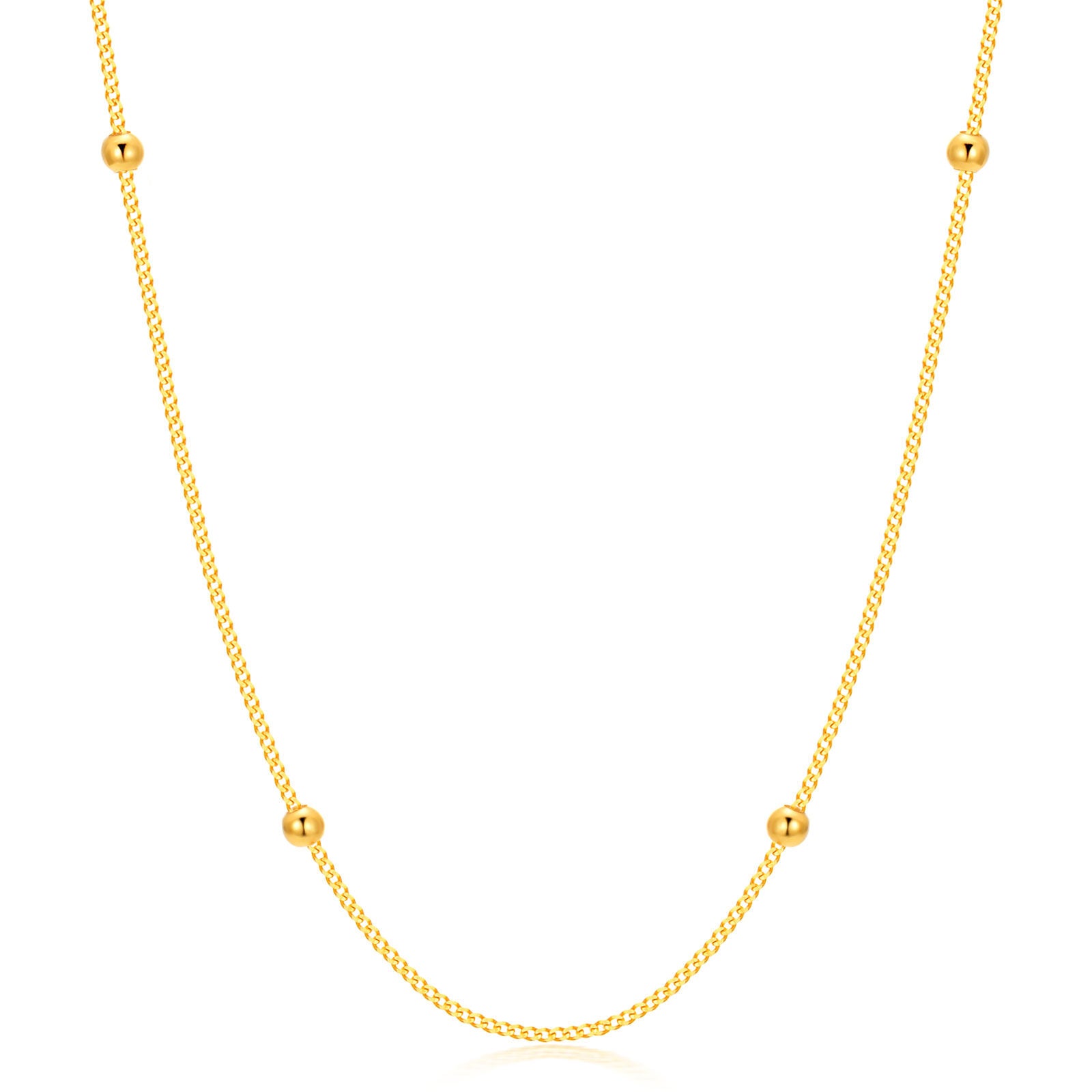 18K Gold 3 mm Ball Beads Station Choke Cuban chain Necklace