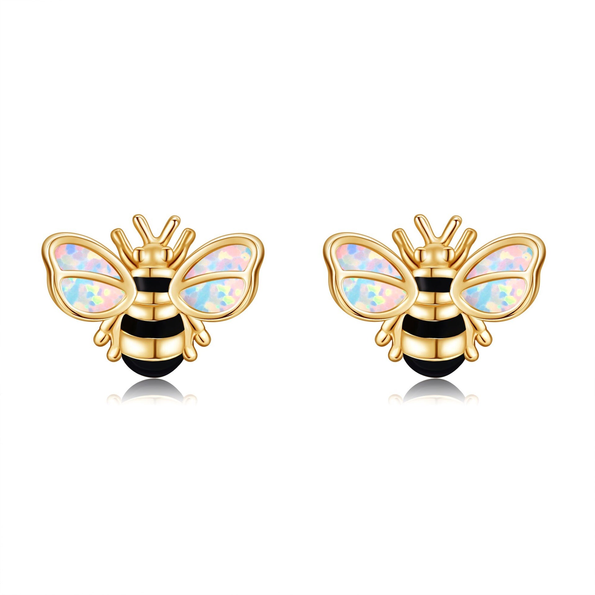 14K Gold Opal Bee Stud Earrings