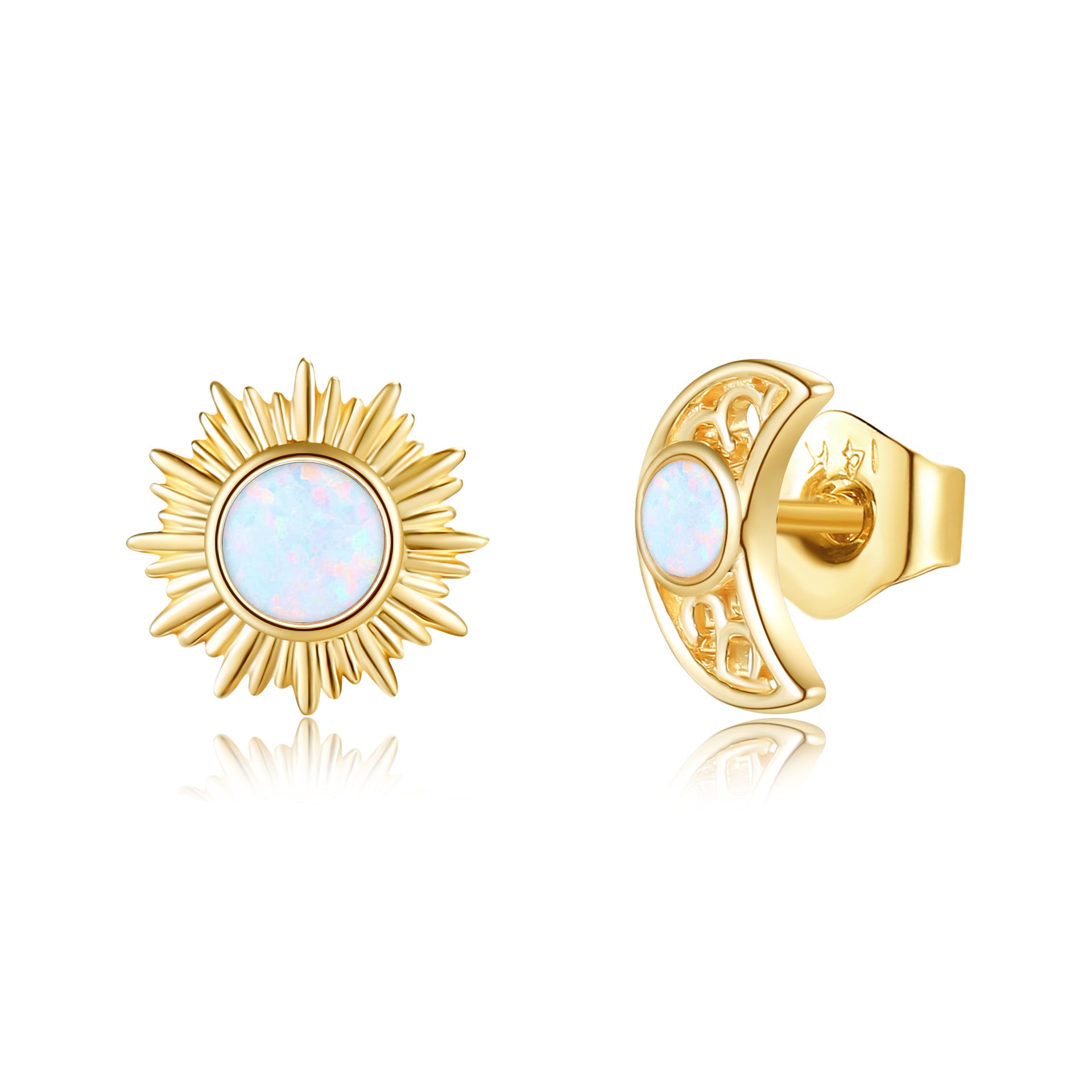14K Gold Opal Moon & Sun Stud Earrings