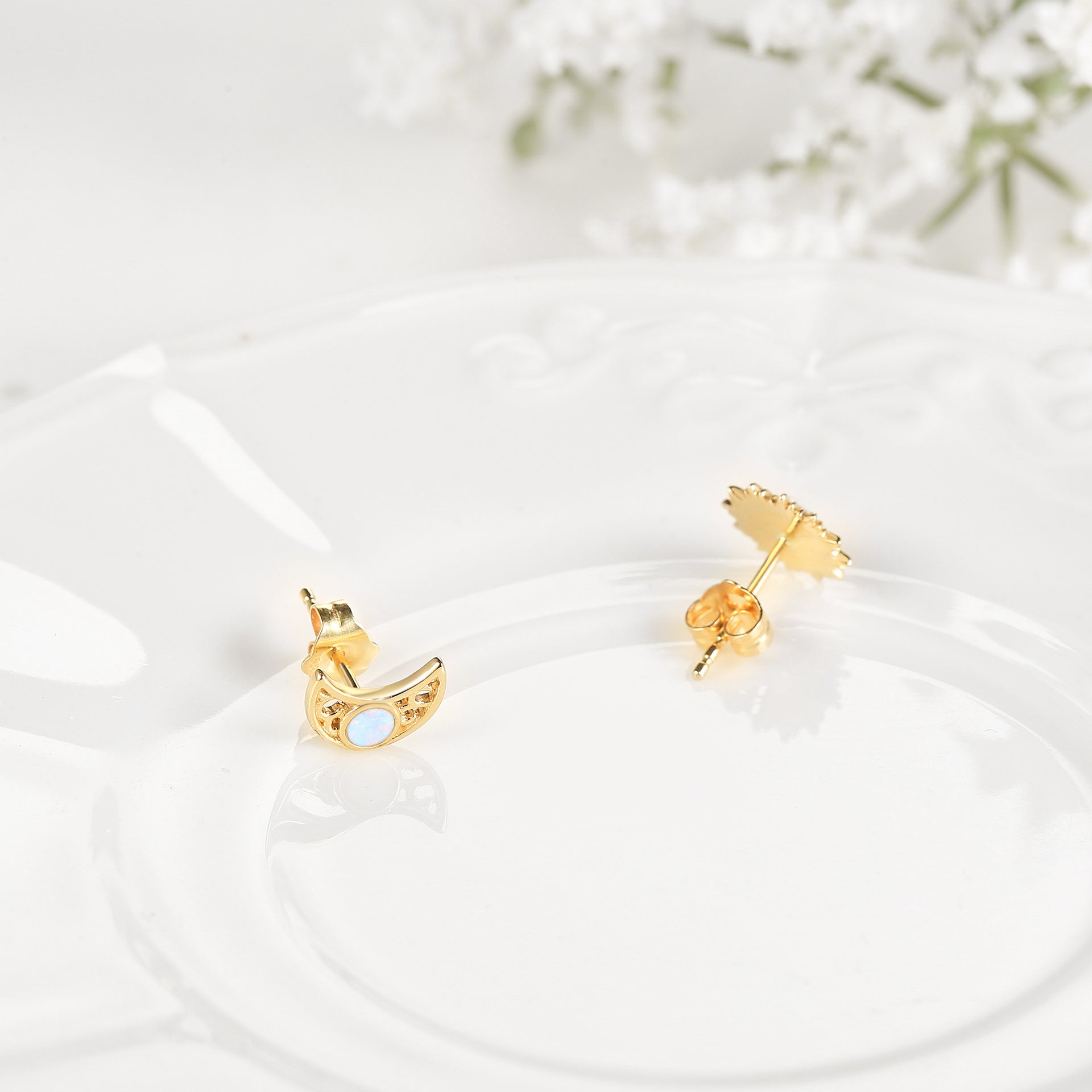 14K Gold Opal Moon & Sun Stud Earrings