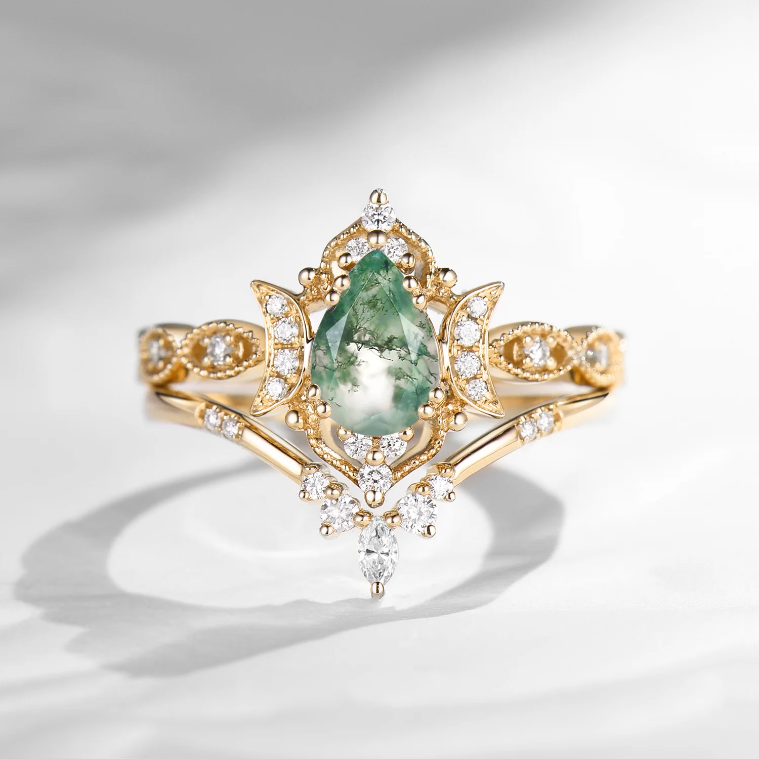 Sterling Silver with Yellow Gold Plated Pear Cut Moon Moss Agate Engagement Ring