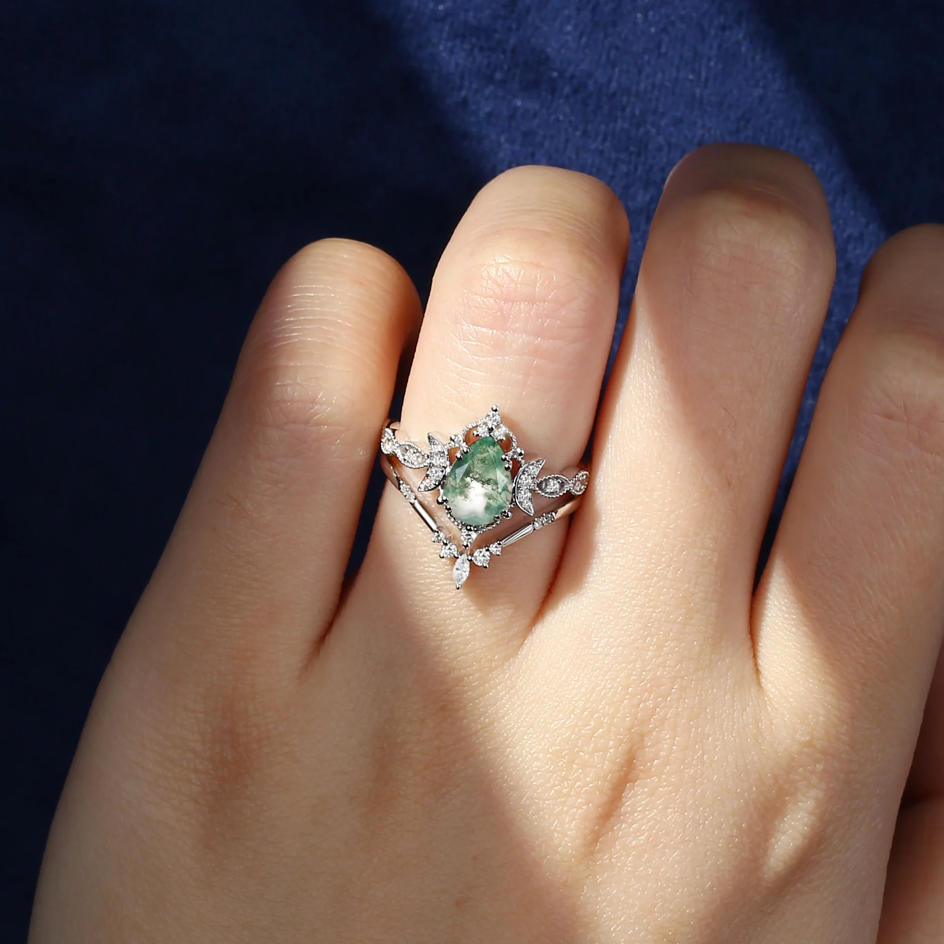 Sterling Silver with Yellow Gold Plated Pear Cut Moon Moss Agate Engagement Ring