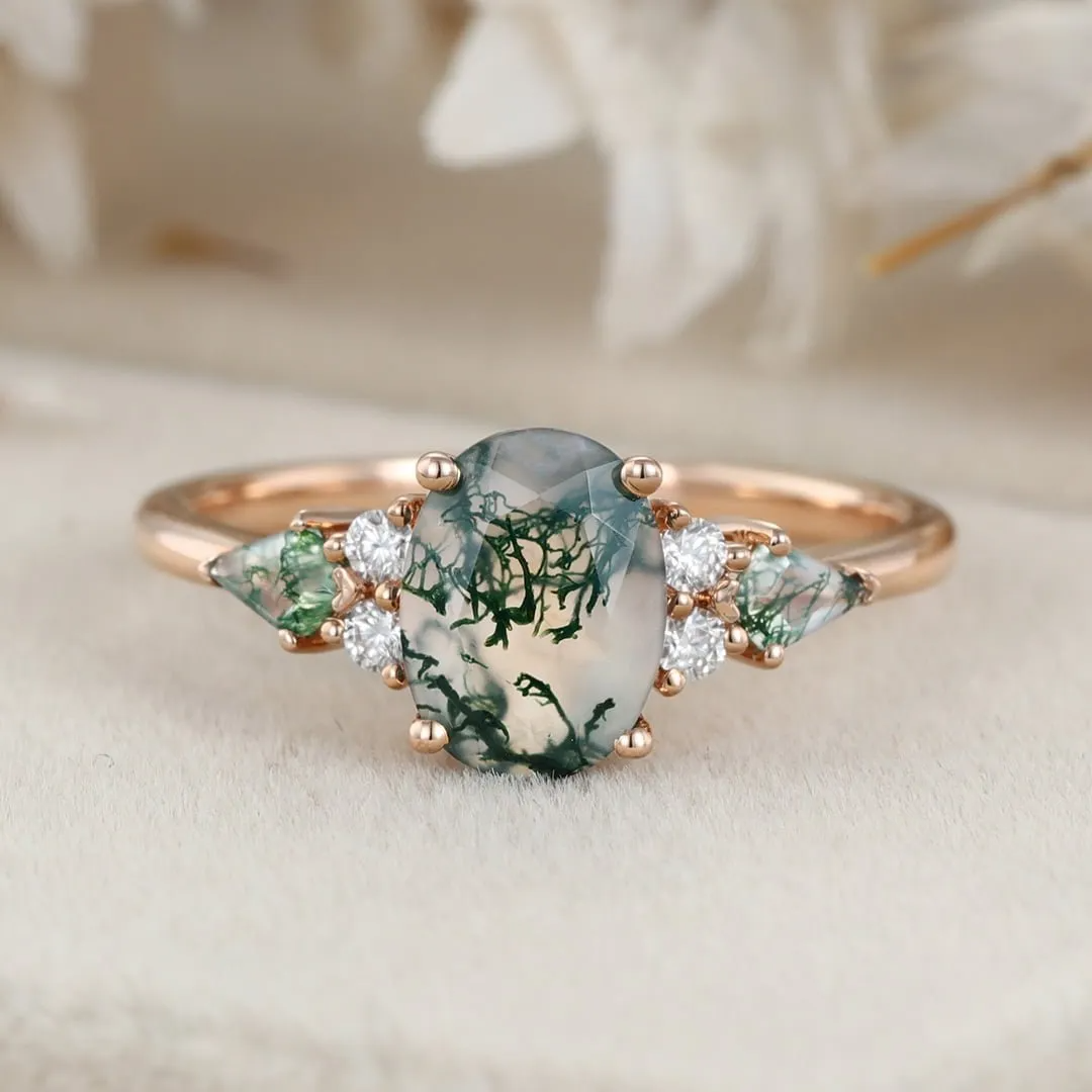 Sterling Silver with Yellow Gold Plated Pear Cut Moss Agate Engagement Ring