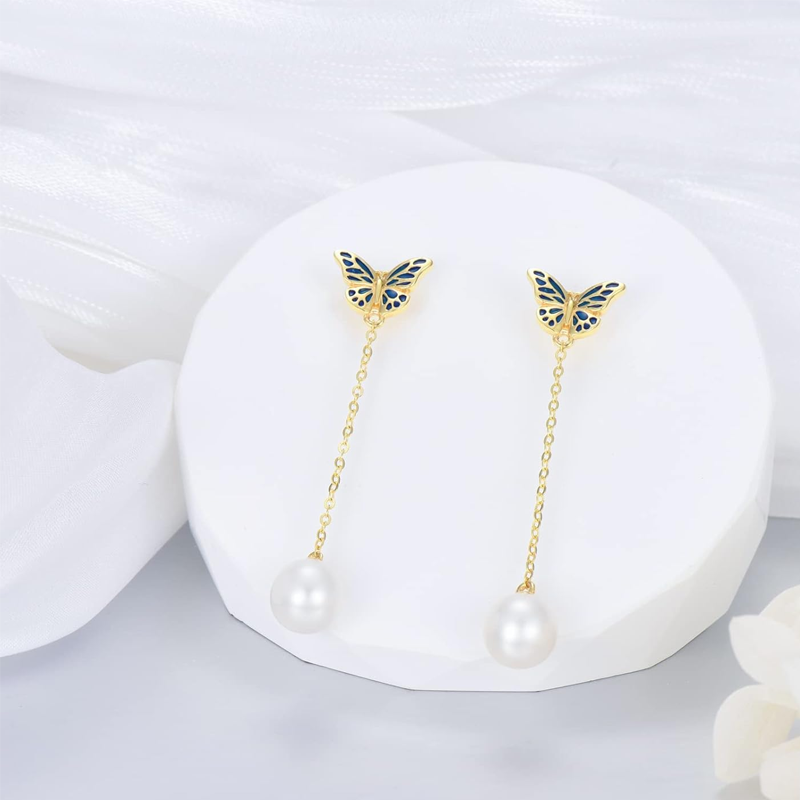 Gold Vermeil Pearl Butterfly Drop Earrings for Women