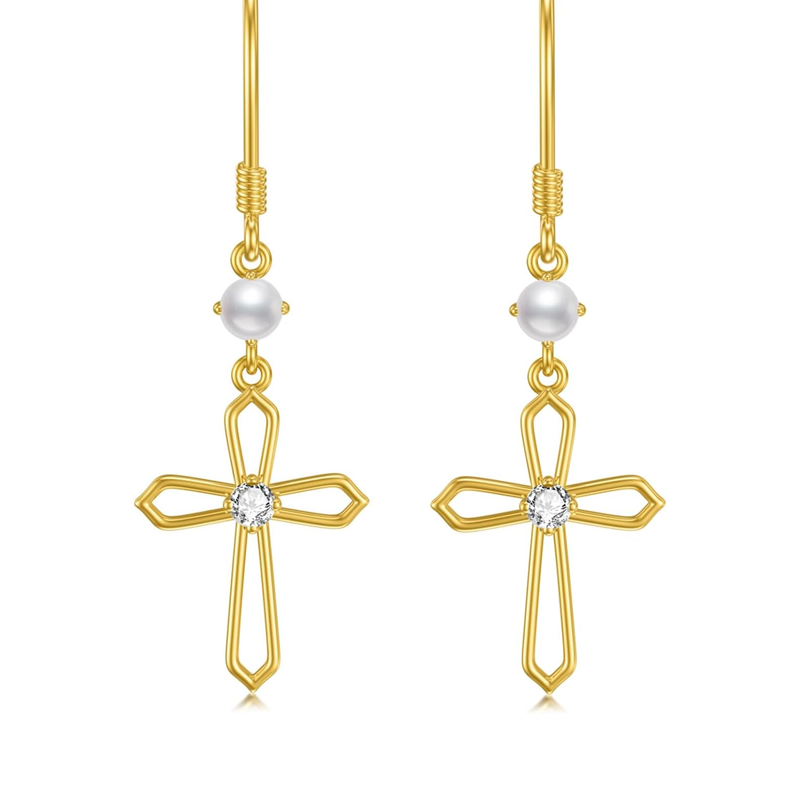 Gold Vermeil Cubic Zirconia Pearl Cross Drop Earrings for Women