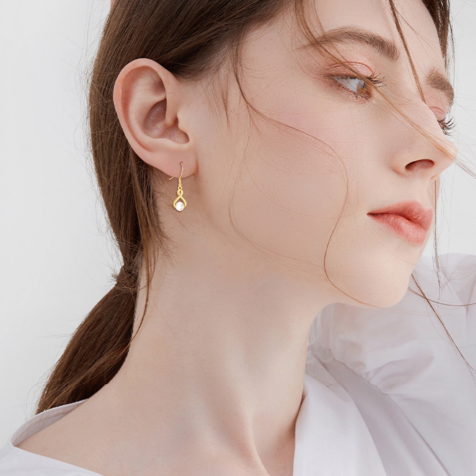 14K Gold Pearl Infinity Symbol Drop Earrings