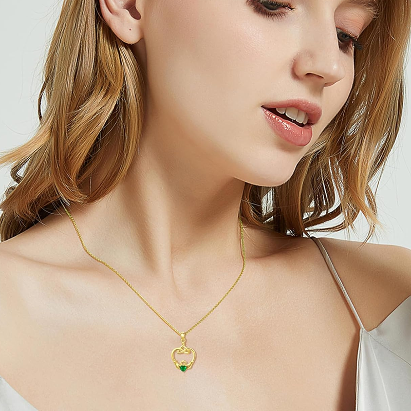 Gold Vermeil Personalized Birthstone Celtic Knot & Claddagh Heart Necklace for Women