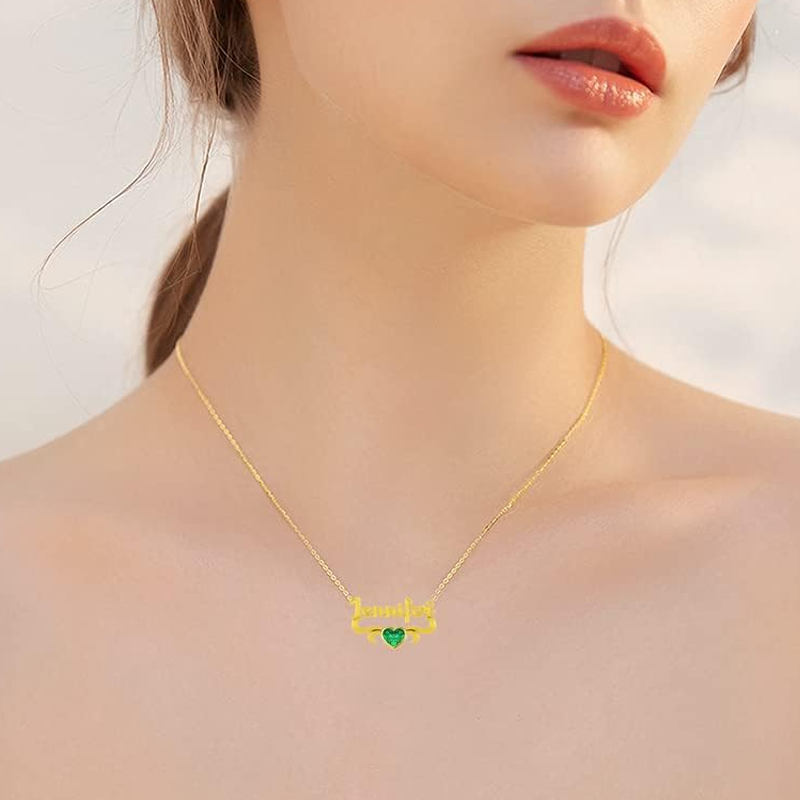 Gold Vermeil Personalized Birthstone Name Plated Heart Necklace for Women Men