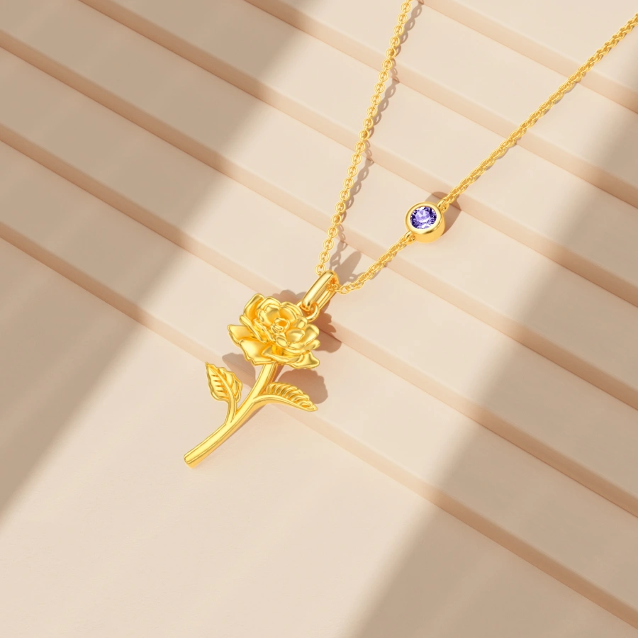 Gold Vermeil Personalized Birthstone Rose & Grandmother & Mother & Sisters Pendant Necklace