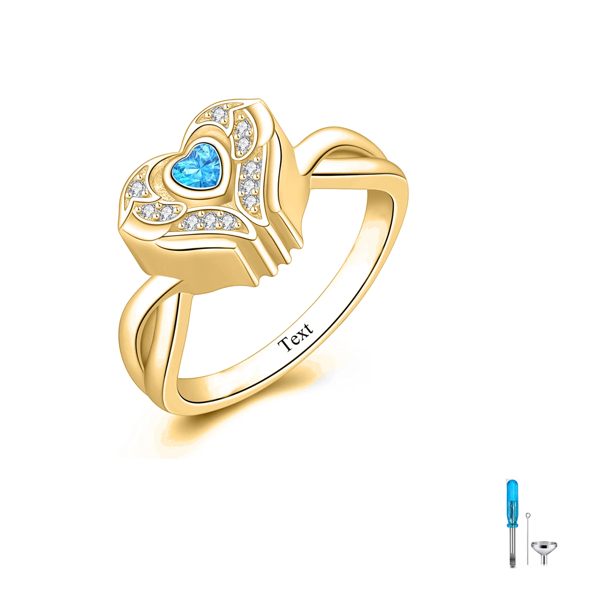 14K Gold Cubic Zirconia Personalized Engraving & Heart Urn Ring for Ashes