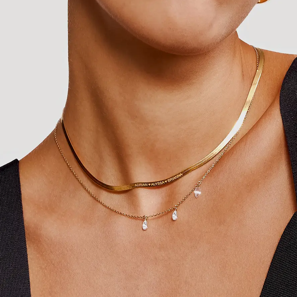 Gold Vermeil Personalized Engraving Herringbone Chain Necklace for Women Men