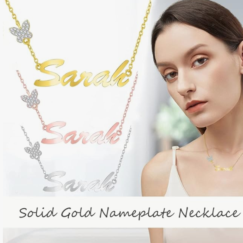 Gold Vermeil Cubic Zirconia Personalized Name Plated Butterfly Necklace for Women