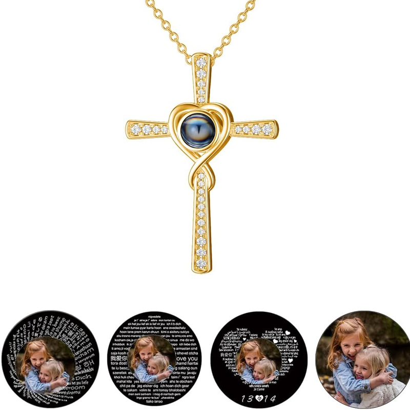 Gold Vermeil Cubic Zirconia Personalized Projection & Cross Necklace for Women Men