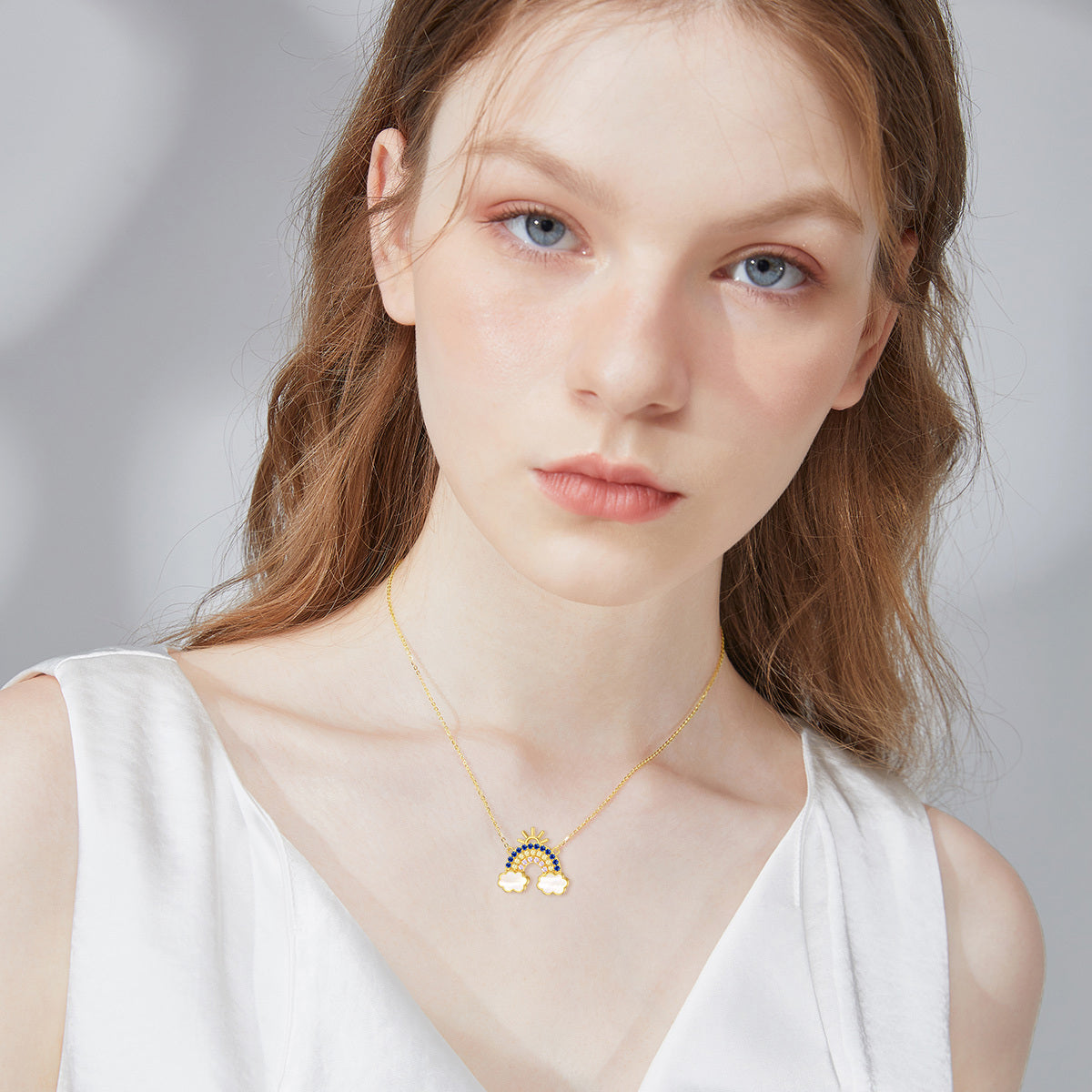 10K Gold Cubic Zirconia Rainbow & Sun Pendant Necklace