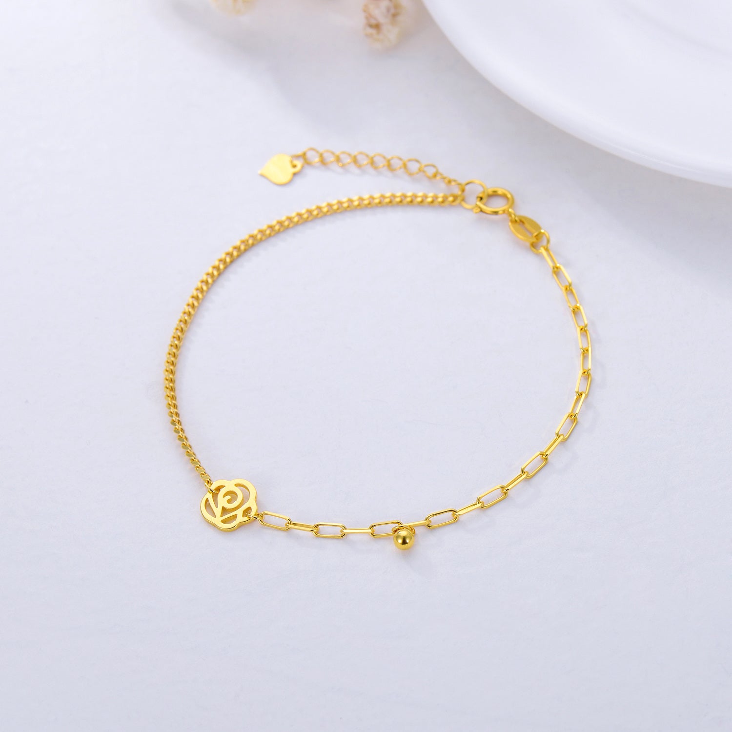 18K Gold Rose & Ball Charm Bracelet
