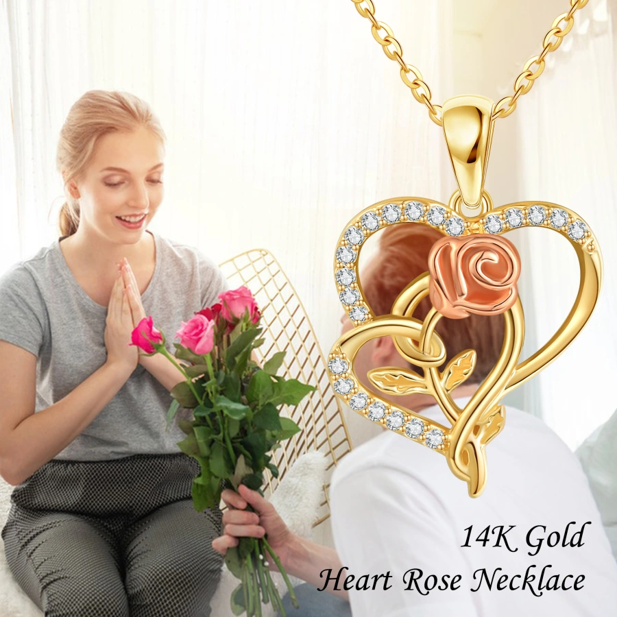 Gold Vermeil Cubic Zirconia Rose & Heart With Heart Necklace for Women