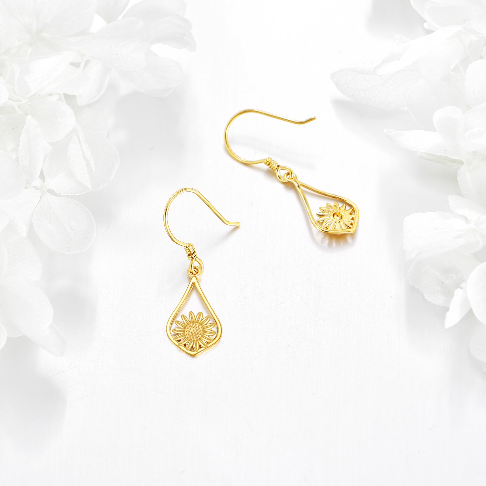 14K Gold Sunflower Drop Earrings