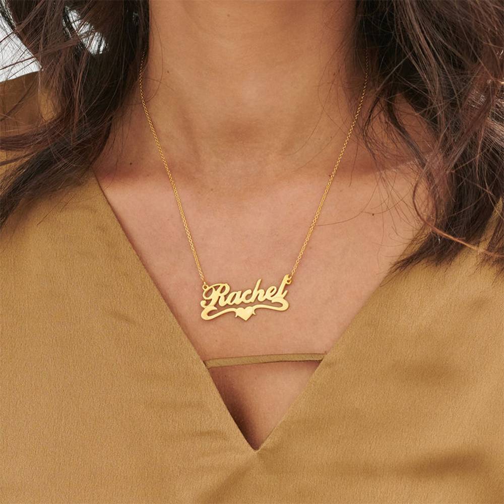 Nameplate Name Necklace - 18k Gold Vermeil Middle Heart Name Necklace - Name Necklace with Heart - Personalized Name Necklace