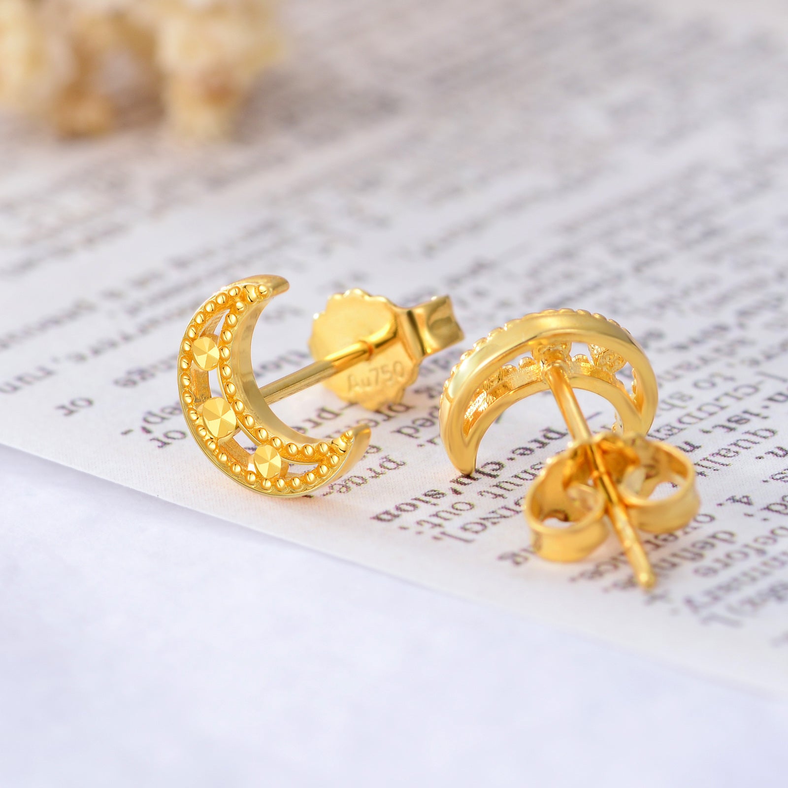 18K Gold Moon Stud Earrings