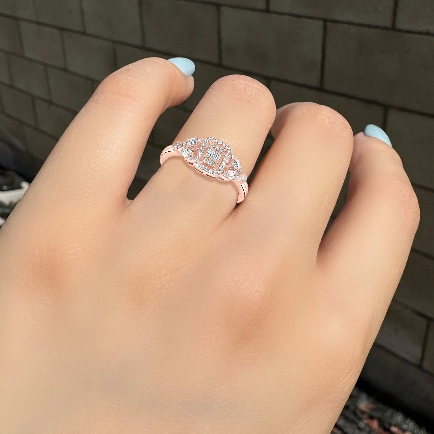 18K Rose Gold Baguette Cut Diamond Designer Ring