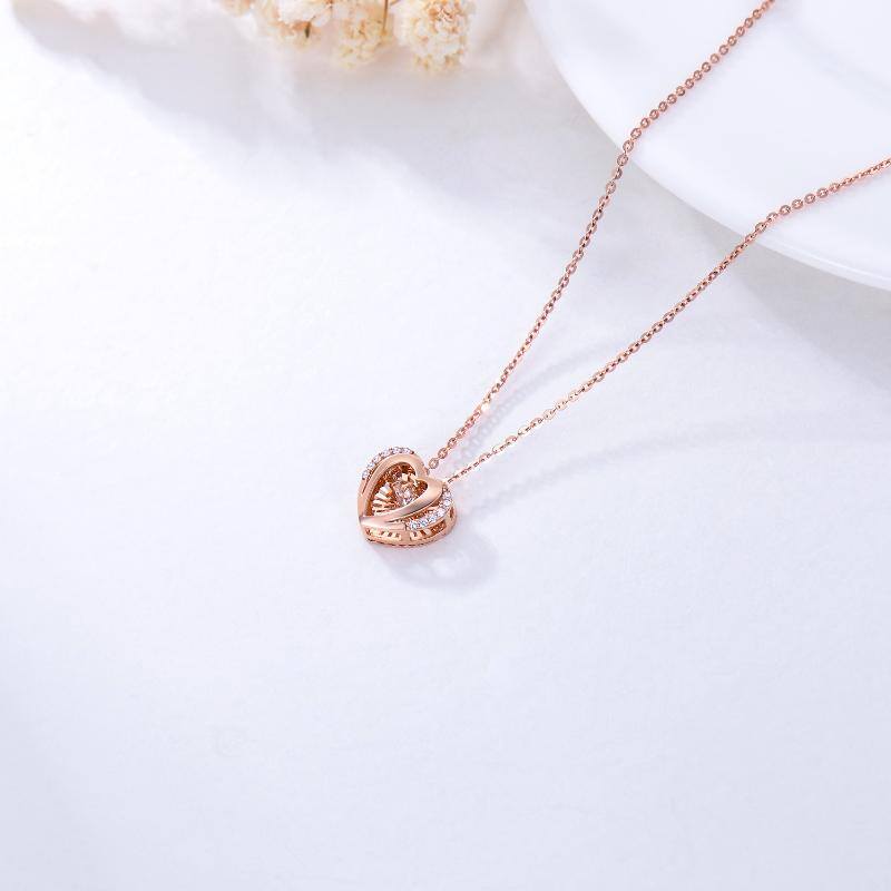 18K Rose Gold Circular Cubic Zirconia Heart With Heart Pendant Necklace For Women
