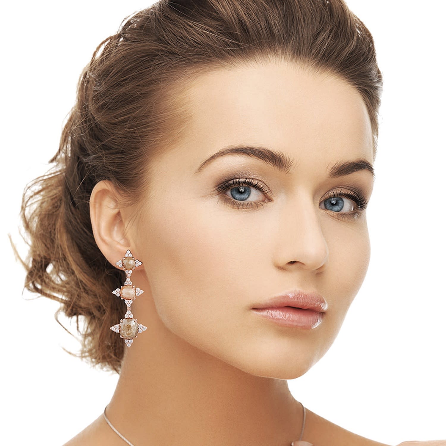 18K Rose Gold Dangle Earrings Prong Natural Ice Diamond