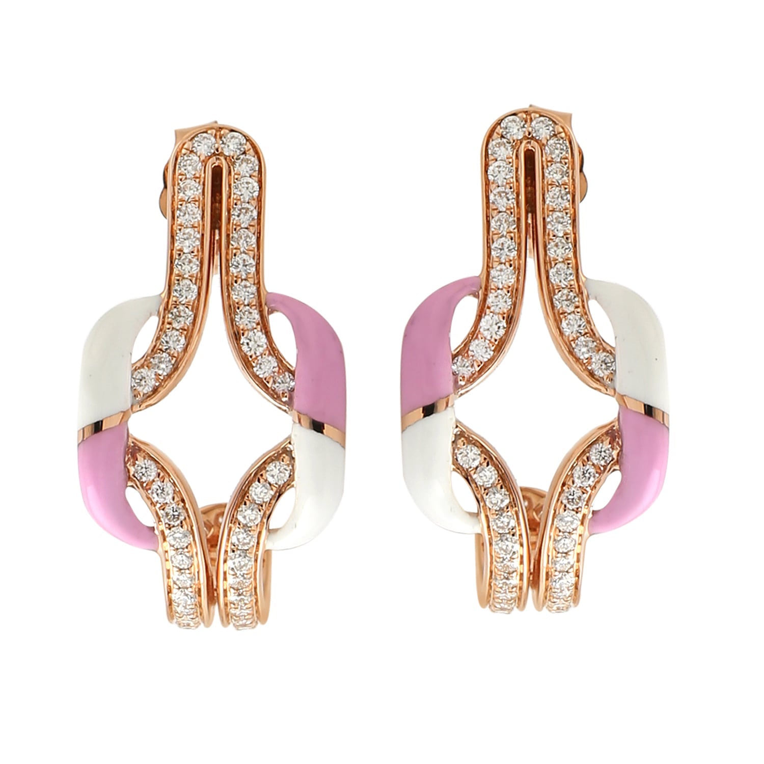 18K Rose Gold Enamel Designer Hoop Earrings With Pave Diamonds