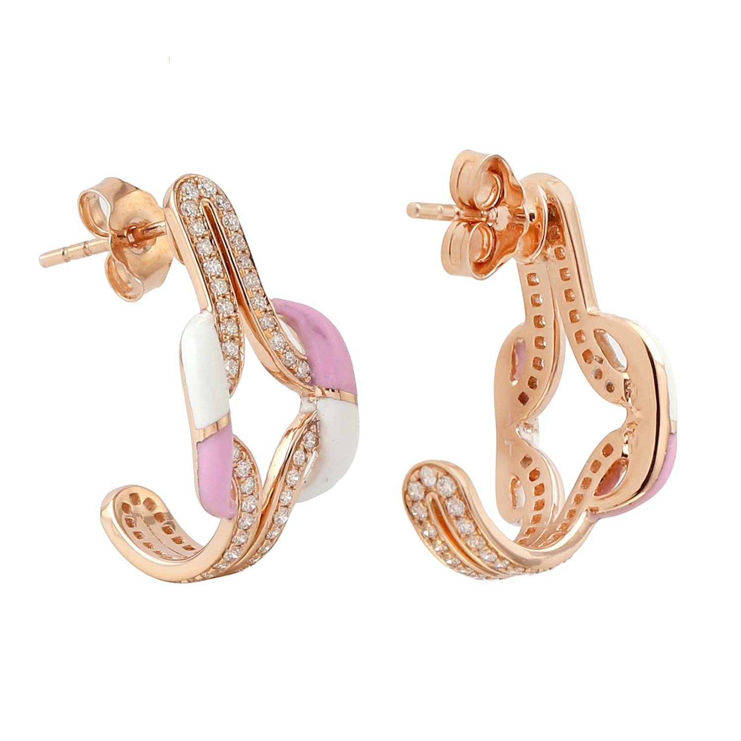 18K Rose Gold Enamel Designer Hoop Earrings With Pave Diamonds
