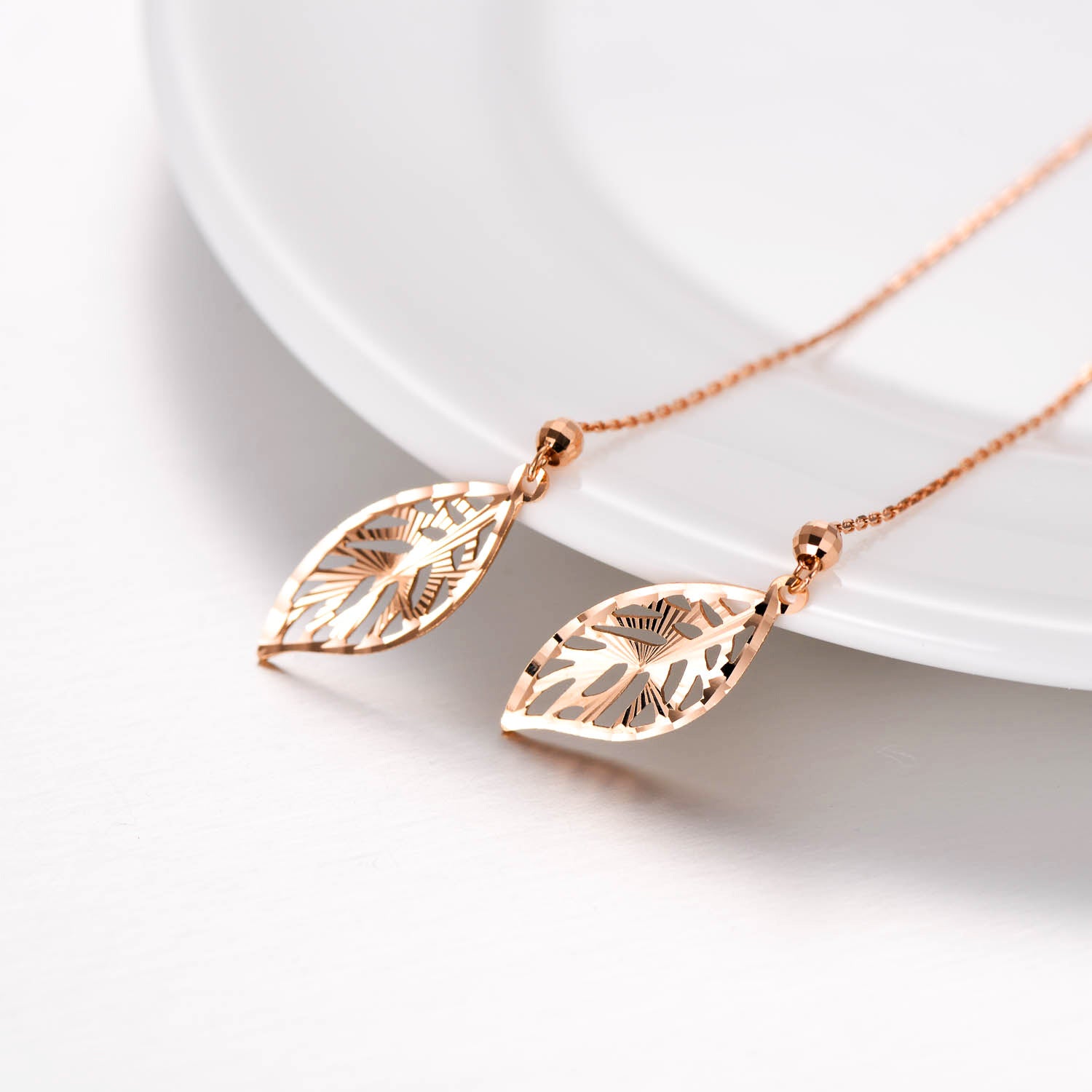 18K Rose Gold Leaves Drop Earrings