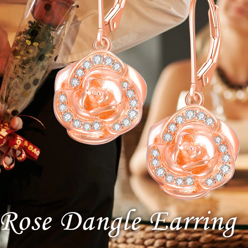 Sterling Silver with Rose Gold Plated Cubic Zirconia Rose Lever-back Earrings for Women