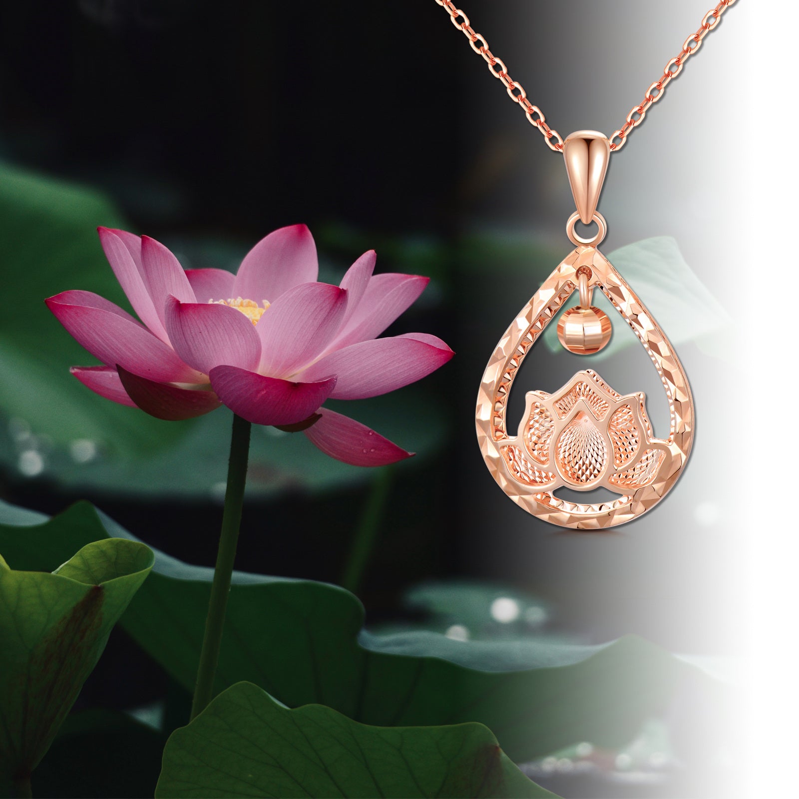 18K Rose Gold Lotus & Drop Shape Pendant Necklace
